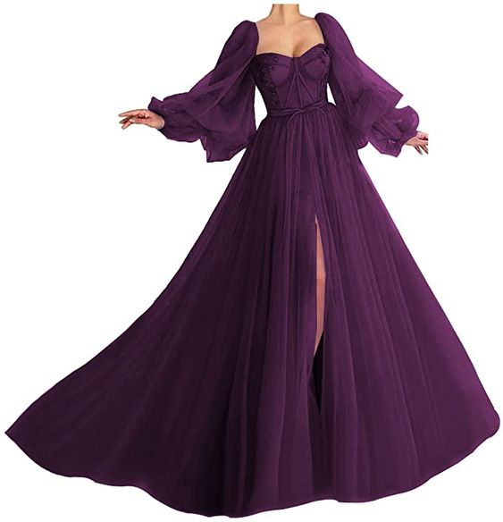 Puffy Sleeve Prom Dress Sweetheart Tulle Ball Gown with Split Princess Wedding Formal Evening Gowns fg2639