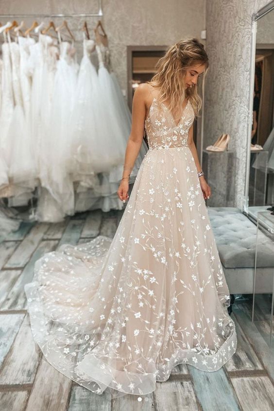 Champagne v neck tulle lace long prom dress champagne evening dress fg2799