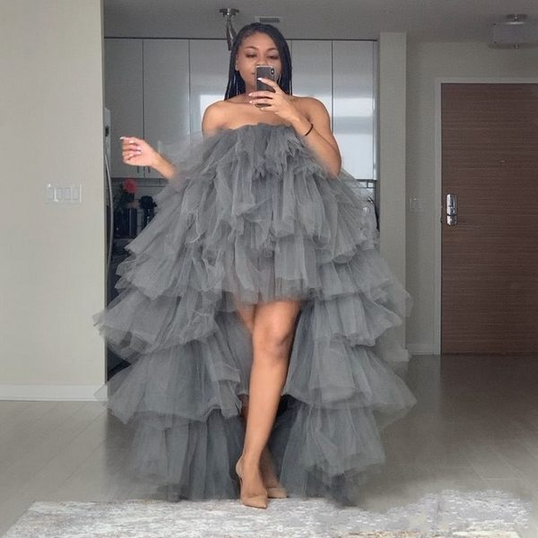 Grey Tulle Strapless Prom Dresses,High Low Prom Dress Evening Gown fg2787