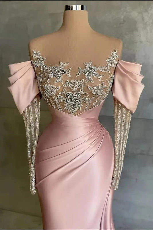 Pink Front Split Mermaid Long Sleeves Prom Dress Beadings With Appliques Off-The-Shoulder
