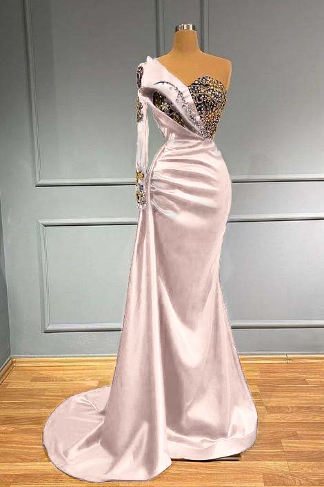 Dark Blue Long Sleeve One Shoulder Mermaid Prom Dress With beads