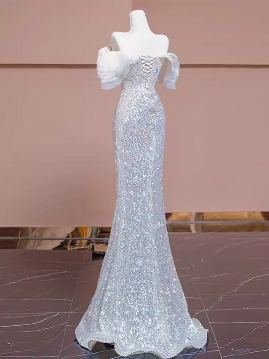 Mermaid Off The Shoulder Sequin Long Evening Dress Beads Prom Dress fg8578