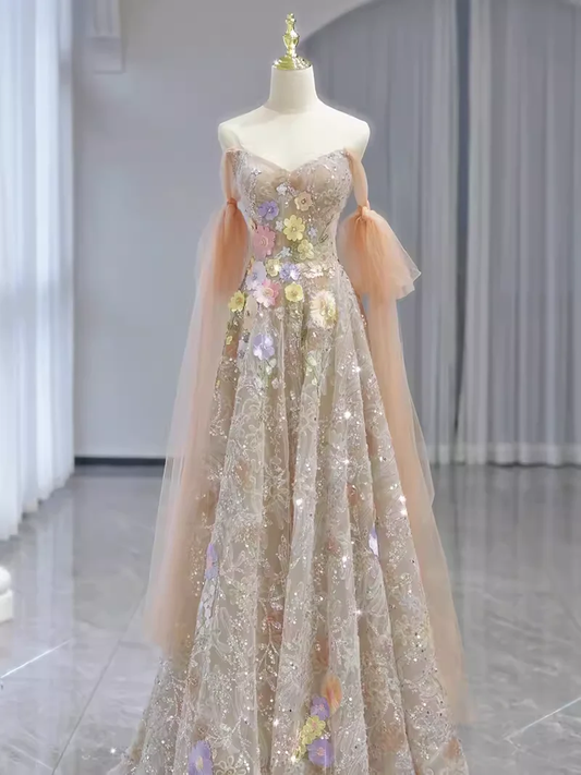 A line Straps Floral Lace Long Evening Dress Prom Dress fg8582