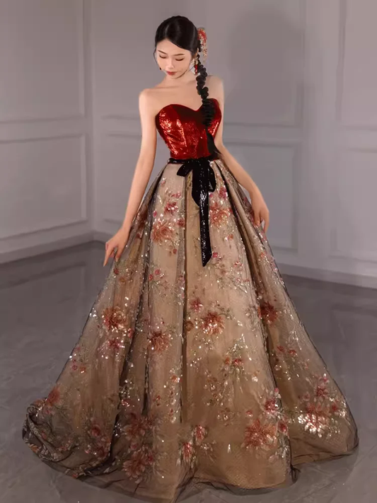 Ball Gown Strapless Burgundy Sequin Long Evening Dress Prom Dress fg8580
