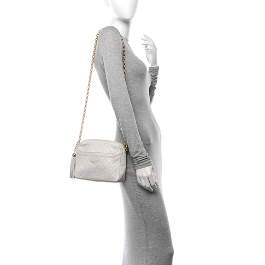 Lambskin Quilted Tassel Camera Case White