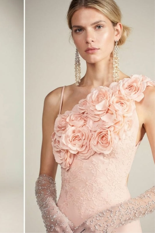 Elegant SleevelessOne Shoulder Appliques Embroidery Evening Dress With Gloves