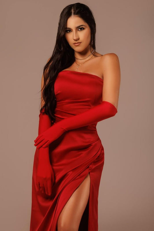 Beautiful Red Satin Strapless Sleeveless Long Split Prom Dress with Gloves