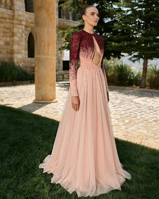 Elegant Chiffon Beaded Scoop Neck Long Sleeves Prom Dress