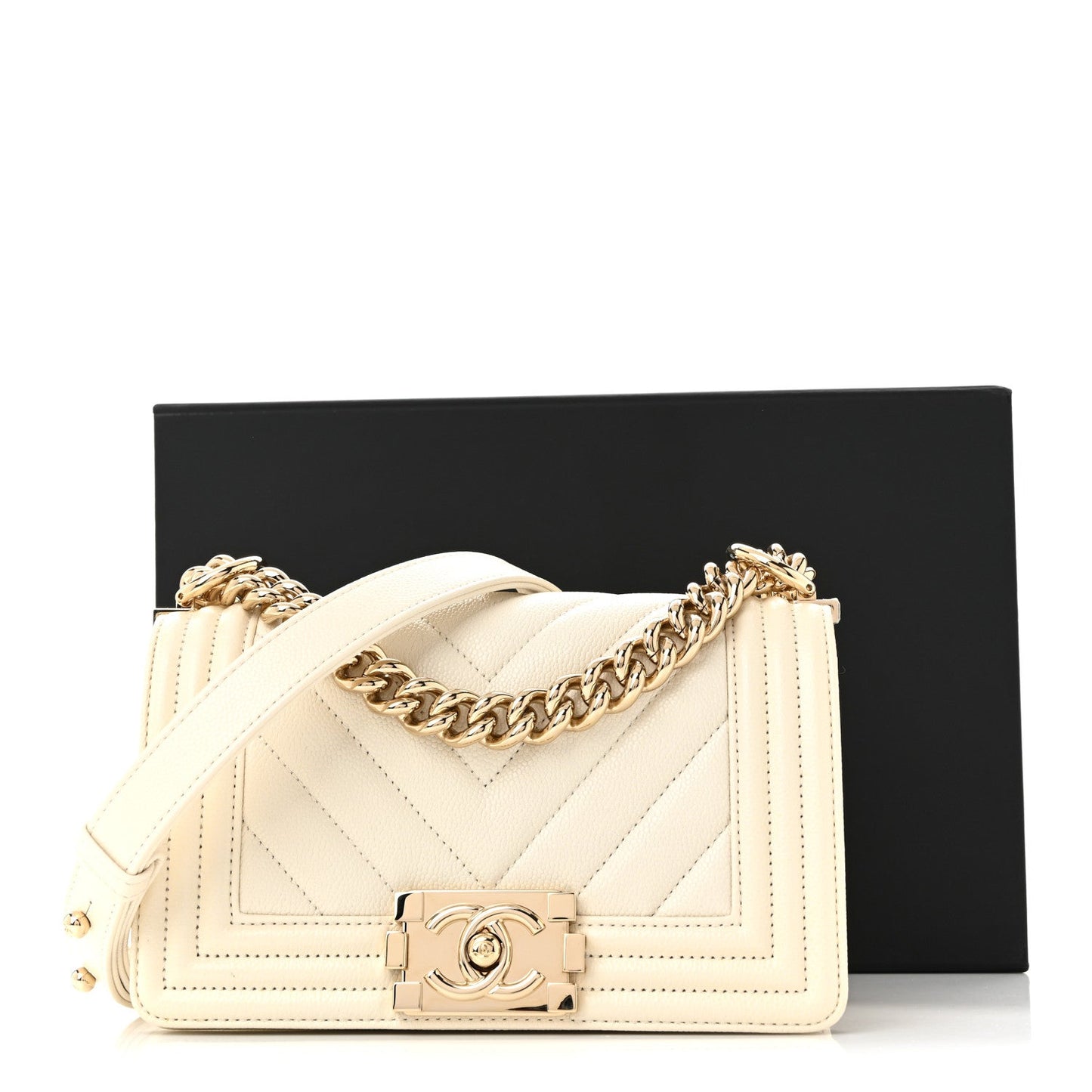 Caviar Chevron Quilted Small Boy Flap White