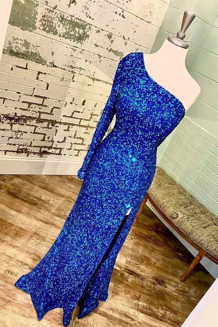 Long Sleeves One Shoulder Prom Dress Sequins With Slit