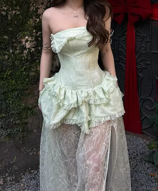 Beauty Prom Dress Light Green Strapless Slit Gala Gown Evening Dress Party Outfits D5052