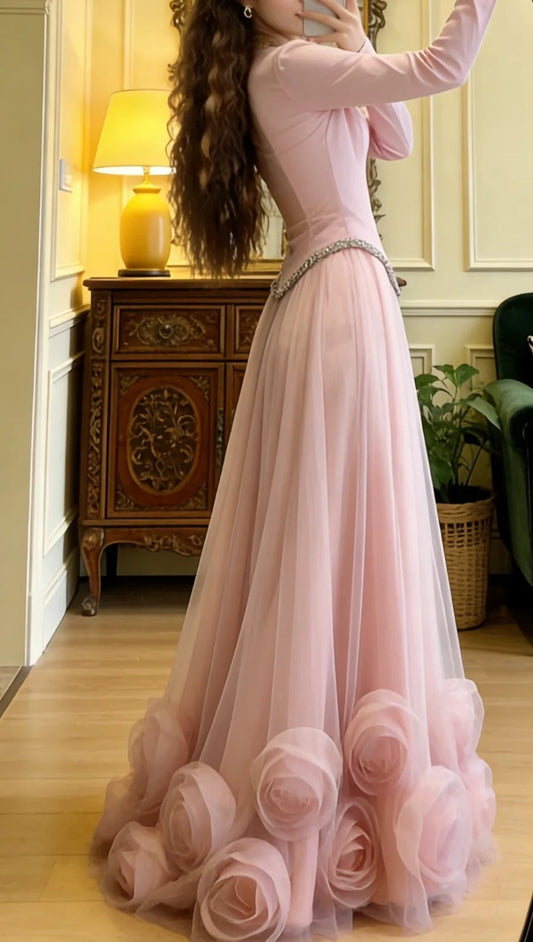 Beauty Prom Dress Light Pink Crew Neck Tulle Pleated Gala Gown Formal Evening Dress Party Outfits D5119