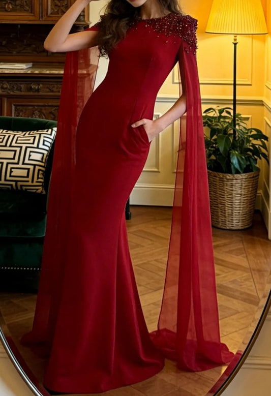 Charming Prom Dress Red Crew Neck Mermaid Gala Gown Evening Dress Formal Outfits D5122