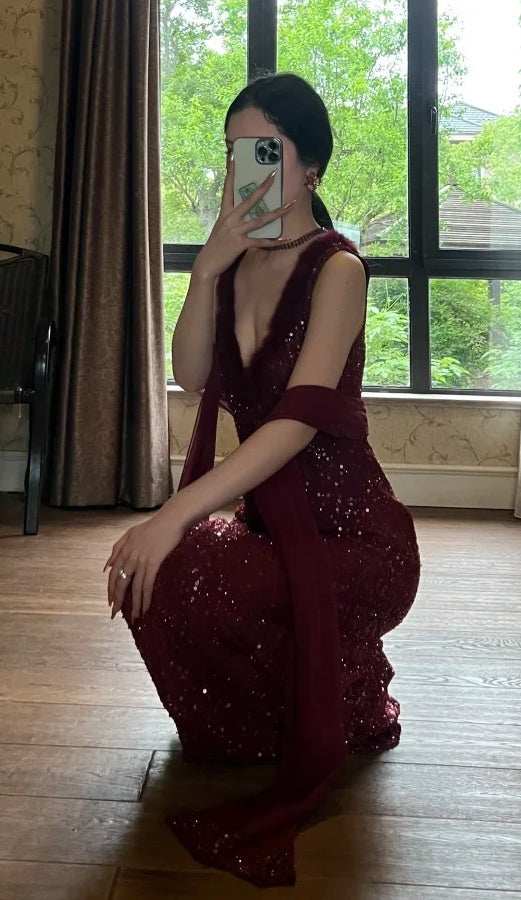 90s Shiny Prom Dress Wine Red V-neck Gala Gown Evening Dress Birthday Party Outfits D5139