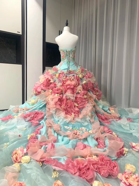 Colorful Ball Gown Strapless Floral Evening Dress Quinceanera Dress 18th Birthday Prom Gown D5162
