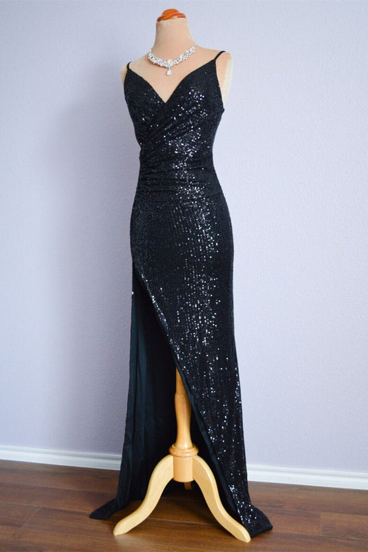 Black Sequin V-Neck Sleeveless Prom Party Dress With Slit