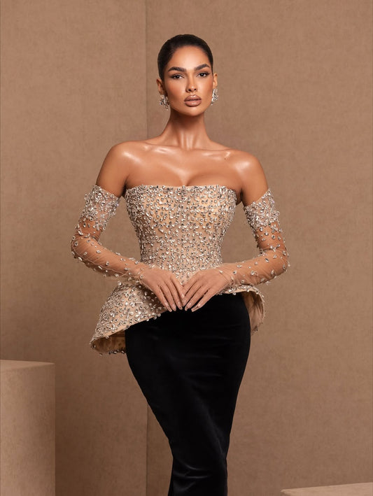 Black Sleeveless Strapless Mermaid Satin Beads Long Prom Dress With Gloves