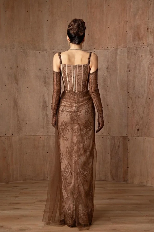 Taupe Tulle Elegant Corset Embroidery Printing Prom Dress With Lace Gloves