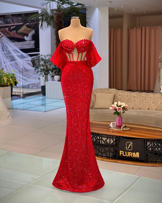 Red Sleeveless Off-Shoulders Mermaid Sequins Beads Prom Dress