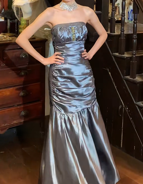 Chic Prom Dress Satin Strapless Pleated Mermaid Gala Gown Evening Dress D5274