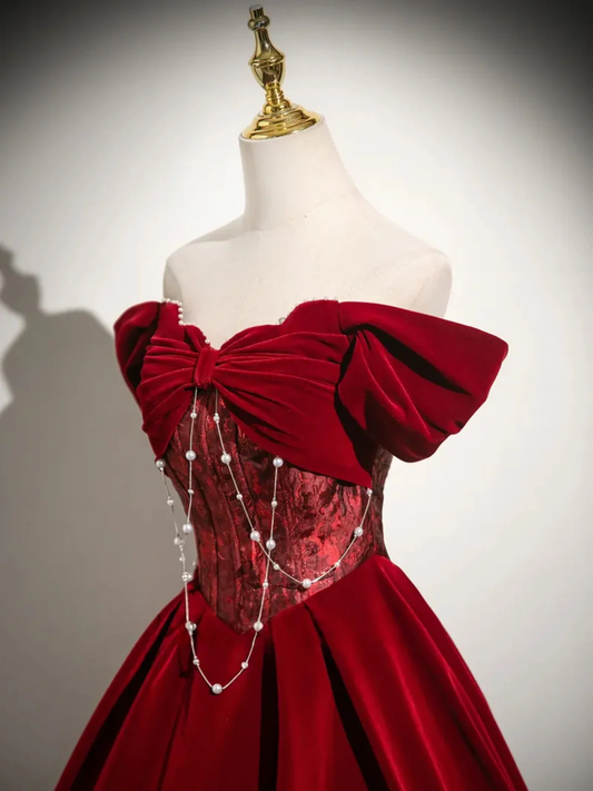 Wine Red Velvet Off Shoulder Long Prom Dress, Wine Red Sweetheart Party Dress Evening Dress fg8737