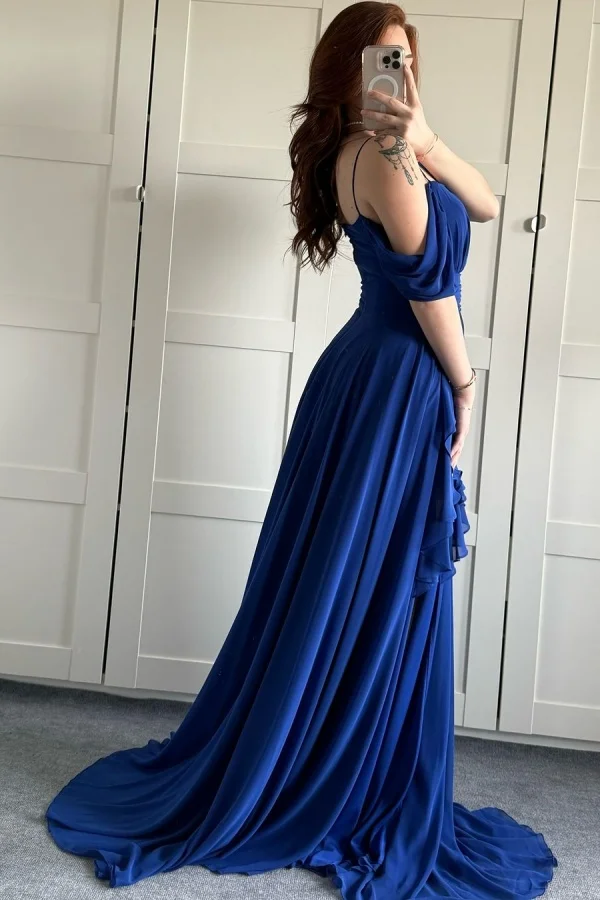 Royal Blue Elegant Split Spaghetti-Straps Off-The-Shoulder Prom Dress