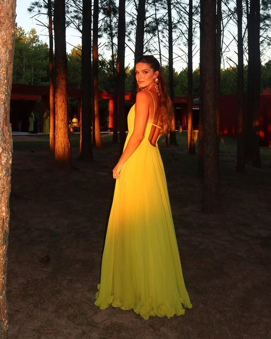 Yellow Sleeveless Spaghetti Straps Square A-Line Prom Dress
