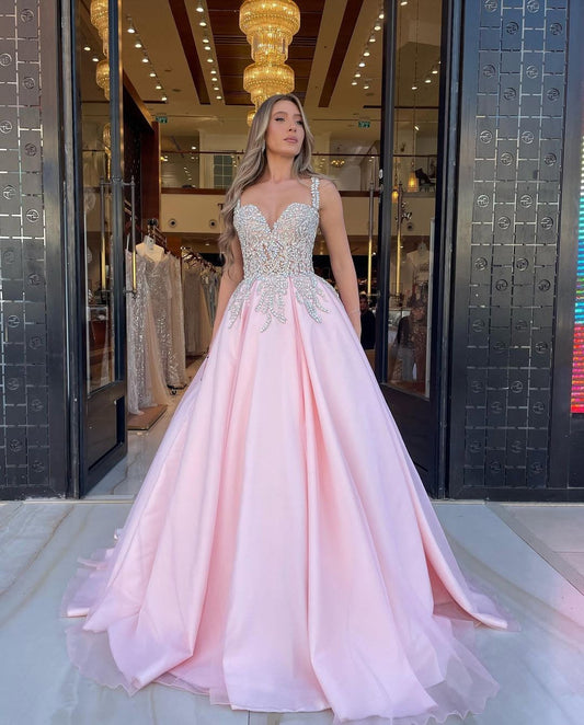 Pink Sleeveless Spaghetti Straps V-Neck A-Line Beads Prom Dress