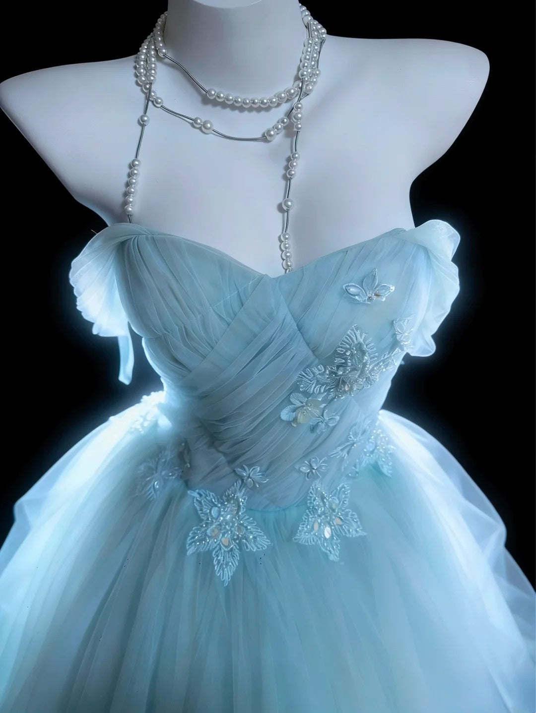 Chic Ball Gown Light Blue Off Shoulder Pleated Tulle Evening Dress Quniceanera Dress Birthday Prom Gown D5396