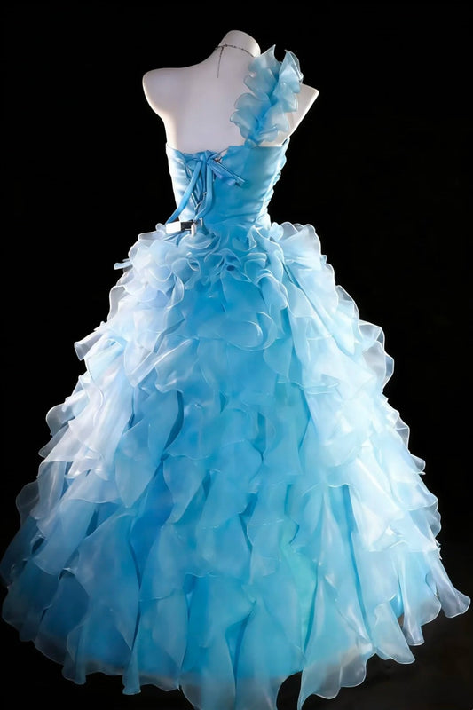 Chic Ball Gown One Shoulder Ruffle Evening Dress Sweet 16th Dress Birthday Prom Gown D5411
