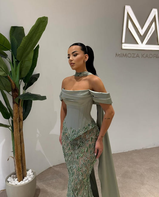 Off Shoulder Beads Mermaid Square Prom Dress With Scarf