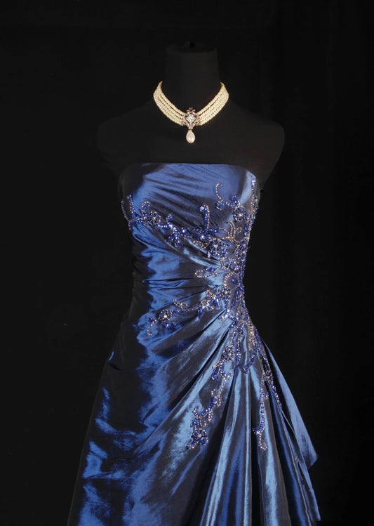 Vintage Ball Gown Strapless Navy Blue Satin Long Prom Dresses Party Dress SD1343