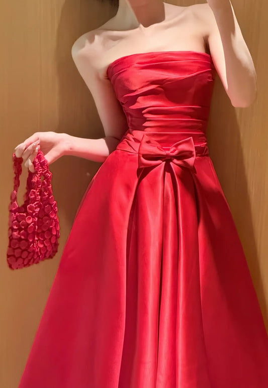 Charming Prom Dress Satin A Line Strapless Pleated Gala Dress Evening Dress D5479