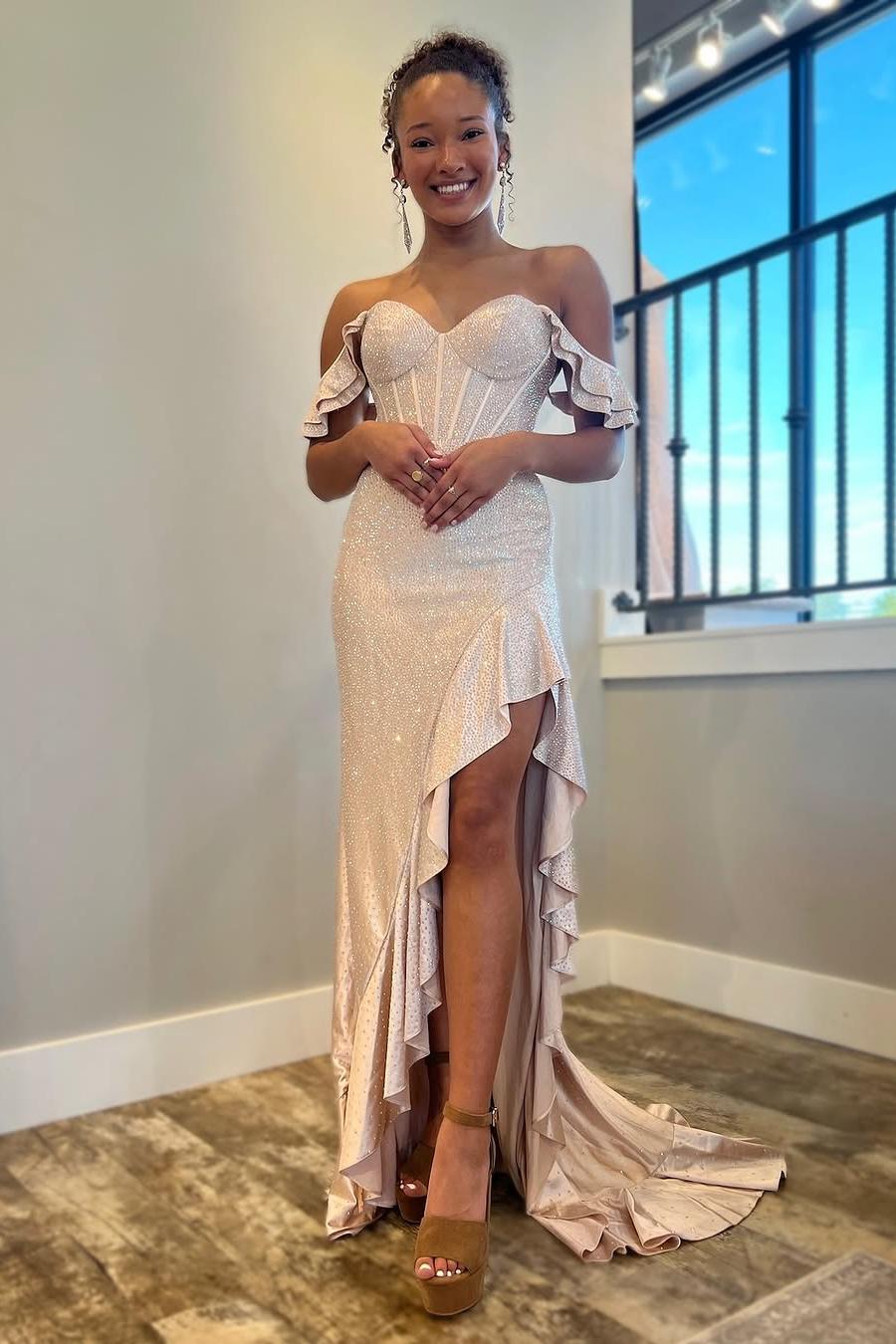 Glamorous Blushing Pink Sequins Off the Shoulder Ruffles Prom Dress with Split