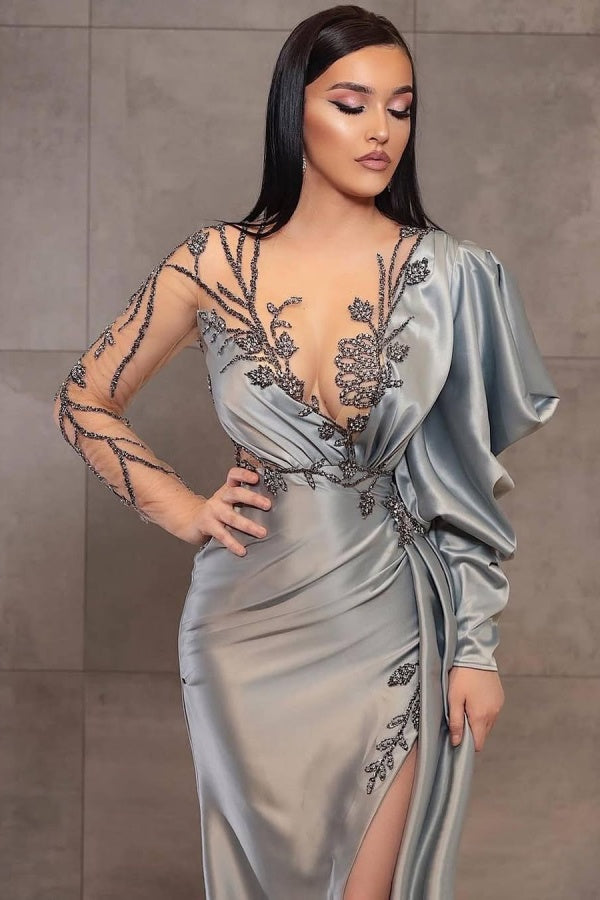 One Shoulder Long Split Tulle Prom Dress Long Sleevs with Appliques