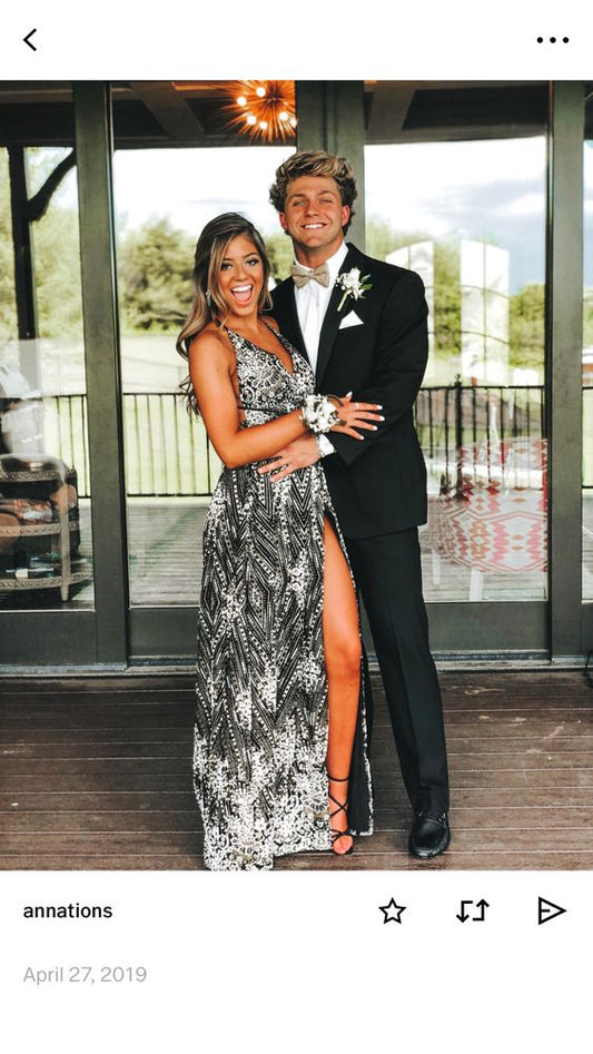 black sequin beaded long prom dress Formal Dress Prom Dress P6335