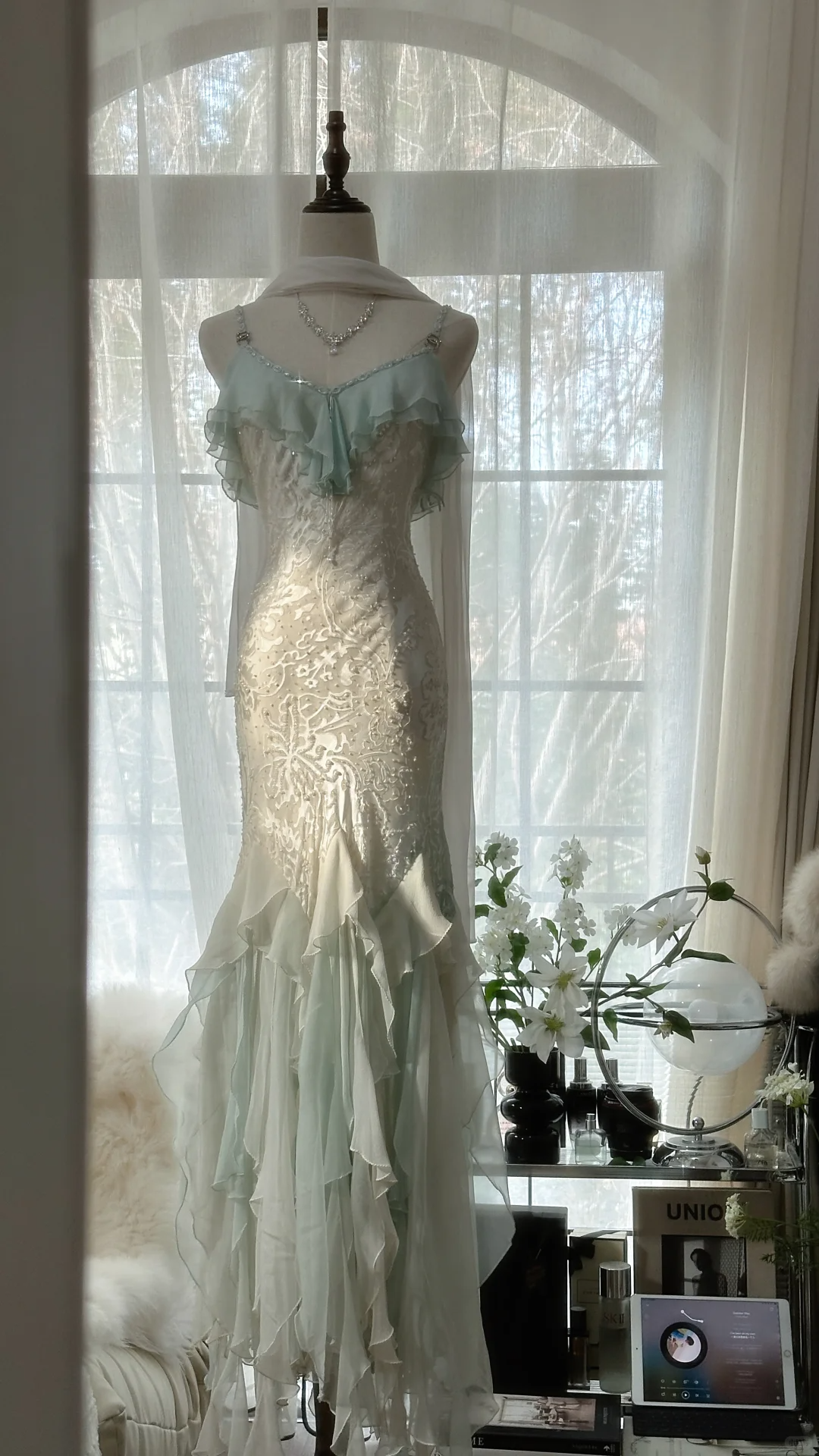 Elegant Mermaid Sparkling Beaded Spaghetti Strap Romantic Chiffon Evening Dress Prom Dresses D1464