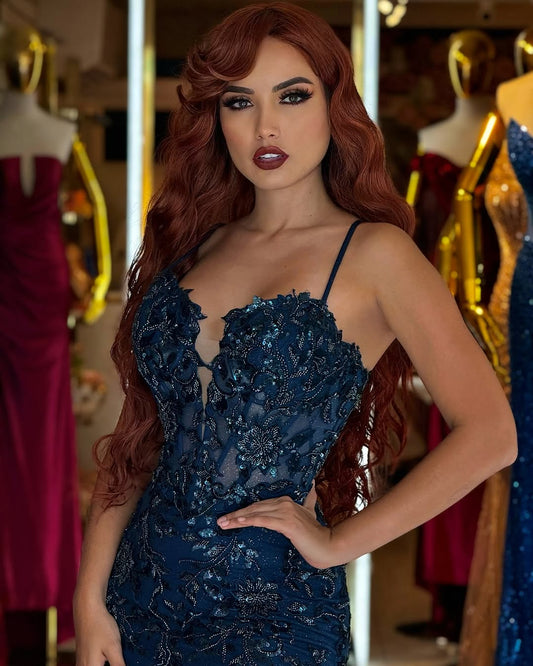 Sleeveless Spaghetti Straps Beads Embroidery Mermaid Prom Dress