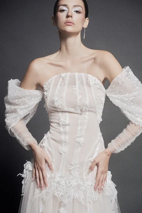White Strapless Off-the-Shoulder A Line Evening Dress with Appliques
