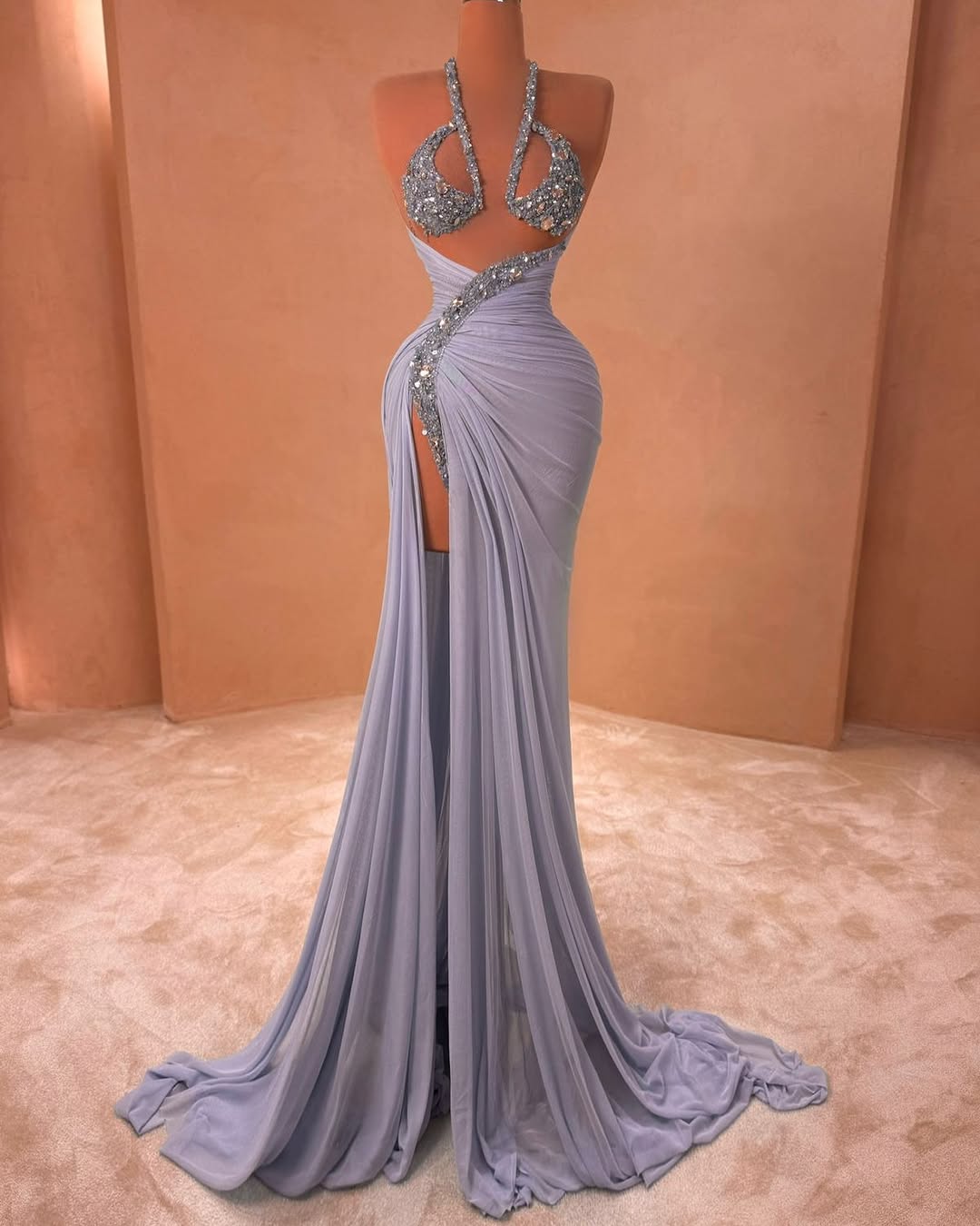 Light Purple Sleeveless Halter Straps Mermaid Beads Prom Dress