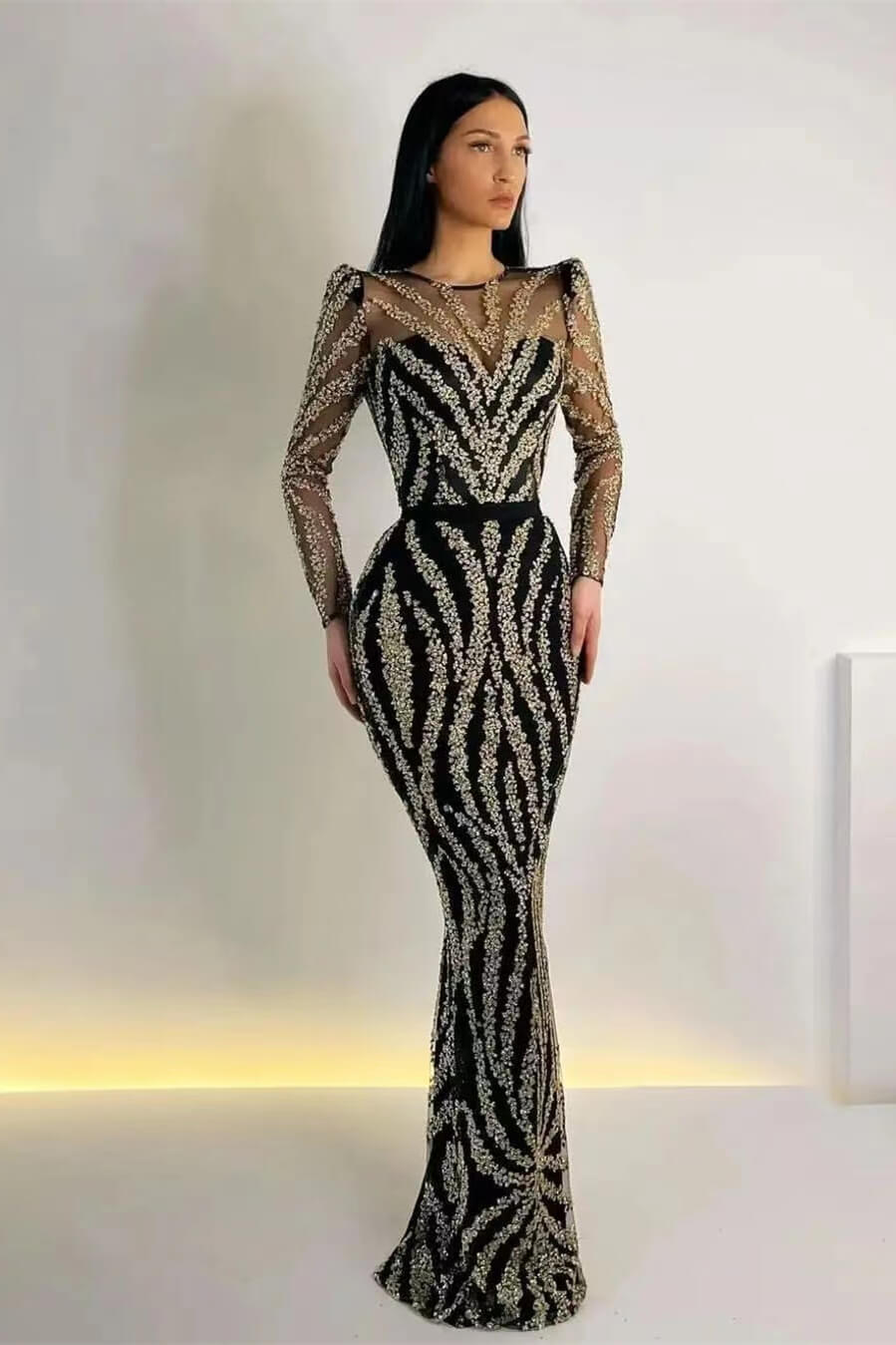 Black Mermaid Appliques Prom Dress With Detachable Ruffles Long Sleeves