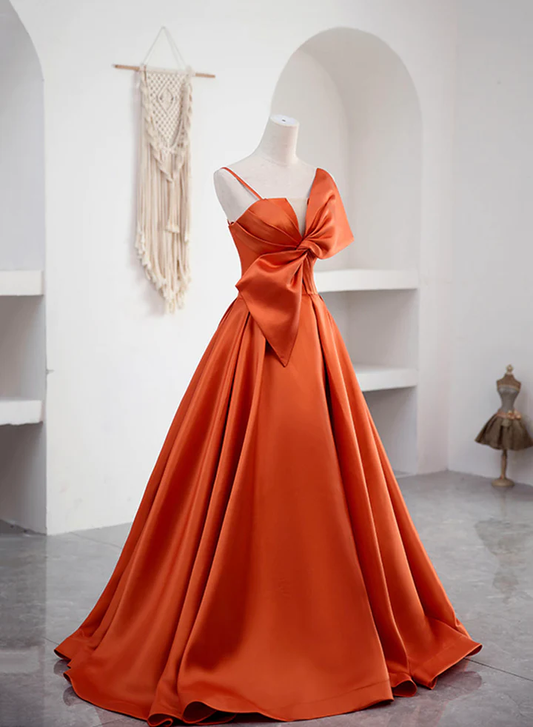 Elegant Spaghetti Straps Orange Satin Long Formal Prom Dress SH563