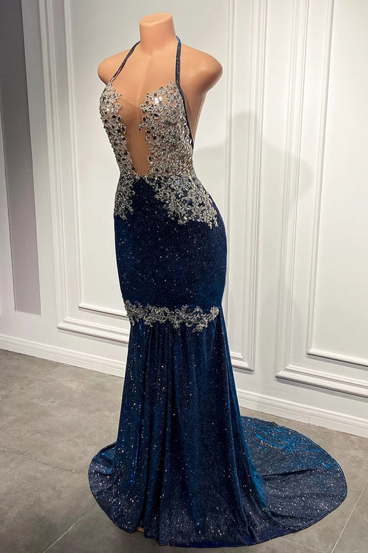 Blue Spaghetti-Straps Prom Dress Mermaid Long With Sequins