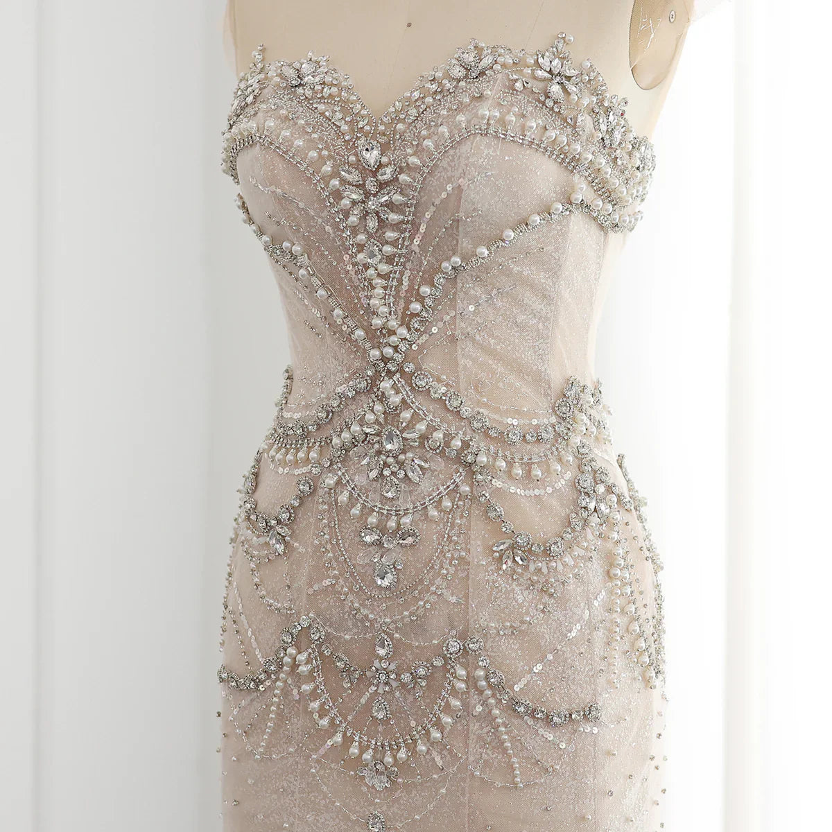 Luxury Mermaid Crystal Pearls Nude Tulle Long Prom Dress SH1605