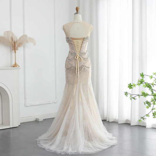 Luxury Mermaid Crystal Pearls Nude Tulle Long Prom Dress SH1605