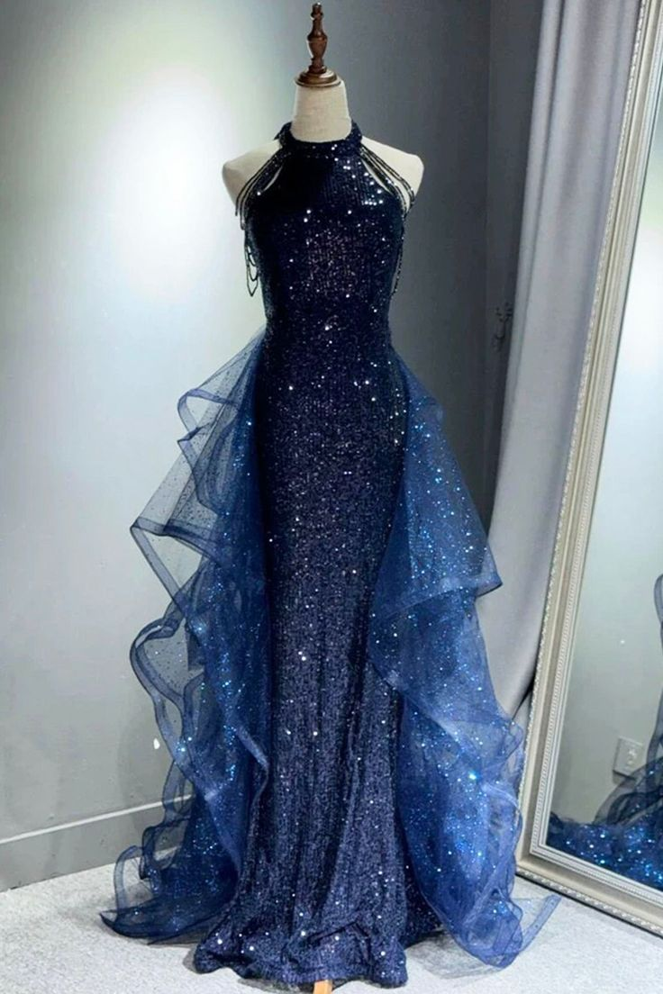 Dark Navy Halter Mermaid Sequins Long Formal Party Dresses Evening Gown, D851