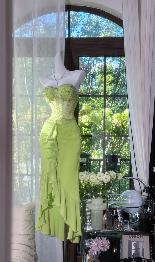 Vintage Green Mermaid Sweetheart Neck Beaded Ruffle Chiffon Prom Dress SH5122