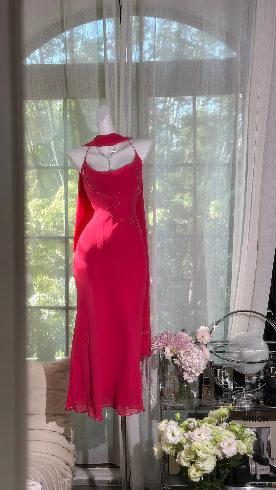 Vintage Red Sheath Spaghetti Straps Beaded Chiffon Prom Dress Outfits SH5119