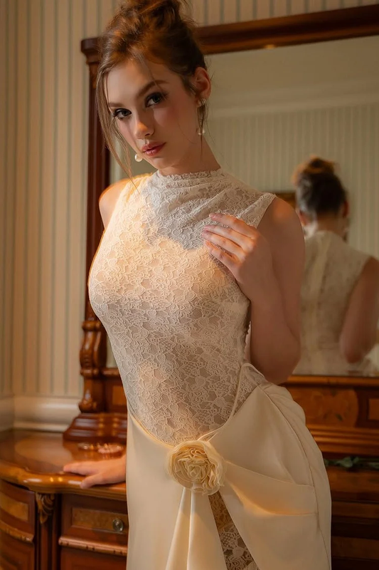 High Neck Sleeveless Mermaid Evening Dress With Lace Embroidery