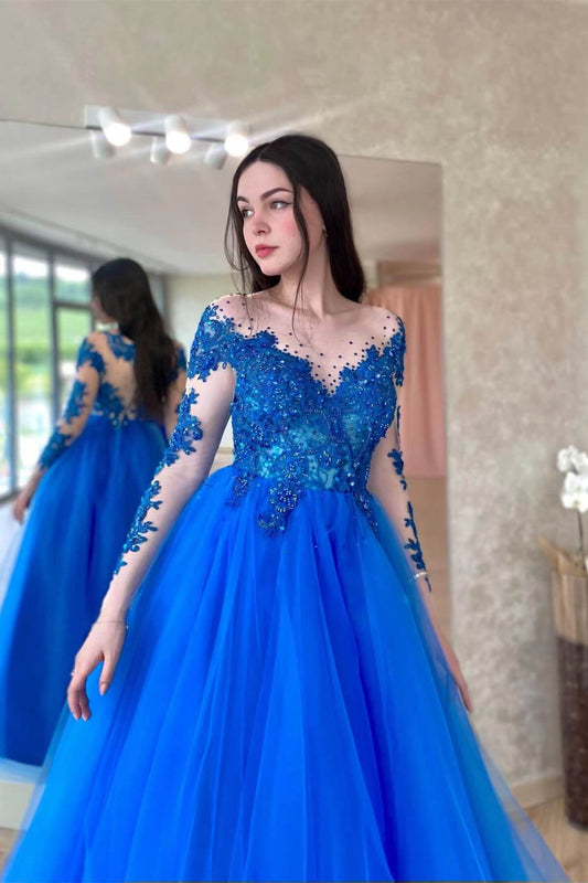 Royal Blue Long Sleeves Tulle Prom Dress With Appliques Amazing